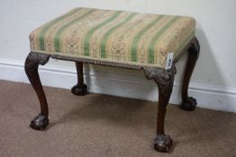 Georgian style walnut rectangular stool, carved ball and claw feet,