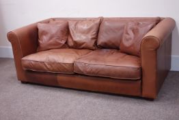 Pair three seat sofas upholstered in analine tan leather,