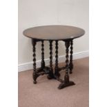 Victorian oak oval drop leaf table, raised on barley twist gateleg base, 84cm x 84cm,