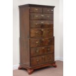 Late 18th century walnut chest on chest of two short and six long graduating drawers,