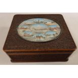 Late 19th century Indian box, lid watercolour painted on ivory with sights of interest in oval,