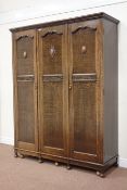 Early 20th century oak triple wardrobe (160cm, H200cm, D52cm), and matching dressing chest (W107cm,
