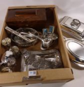 Rosewood tea caddy, two Chinese white metal paperweights,