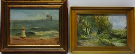 Child on a Beach, oil on board unsigned 19cm x 25cm and Rural River Scene with Figure,