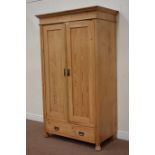 Early 20th century pine double wardrobe fitted with single drawer to base, W110cm, H188cm,