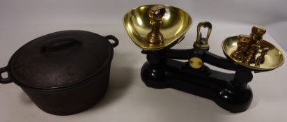 Kitchen scales and weights and a cast iron stew pot Condition Report <a