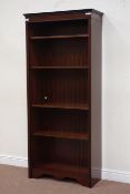 Reproduction mahogany open bookcase, W82cm, H184cm,