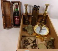 Trench art tobacco box, brass ink stand, ships style clock,