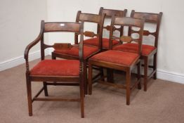 Set five (4+1) 19th century mahogany dining chairs, figured mahogany top rail and middle rail panel,