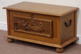 Medium oak blanket box, fall front door with carved panel, W90cm, H49cm,