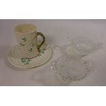 Belleek cup and saucer and two Victorian Vaseline glass baskets with registered date marks