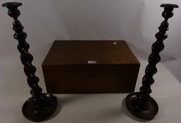 Pair of oak barley twist and brass candle sticks and a wooden box with brass handles