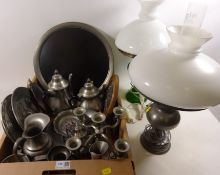 Three piece pewter tea set and tray, other pewter,