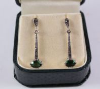 Pair green tourmaline and marcasite drop ear-rings stamped 925 Condition Report