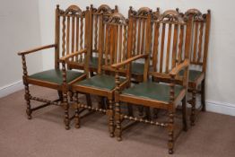 Set six early 20th century oak dining chairs, bobbin turned base,