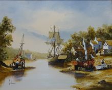 River Estuary with Boats, oil on canvas signed Ken Hammond (1948-) 39.5cm x 49.