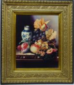 Still Life of Blue and White Porcelain Vase with Fruit,