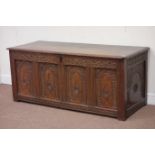 18th century oak blanket box, strapwork carving to frieze, and carved panels to front and sides,