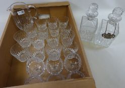 Pair of Webb Corbett cut glass decanters matching sets of drinking glasses and water jug