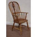 19th century elm and ash double bow, stick and fret work splat back Windsor armchair,