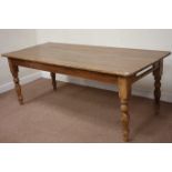 Rectangular pine dining table raised on turned base, 213cm x 93cm,