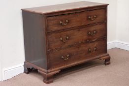 George III mahogany chest of three drawers, raised on ogee bracket feet, W107cm, H87cm,