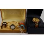 Ladies Gucci watch with interchangeable coloured bezels and Anne Klein wristwatch with mother of