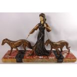 Art Deco spelter and ivorine group of a lady walking two Borzoi H49cm Condition Report