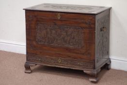 Early 20th century Anglo-Indian carved hardwood blanket box, hinged lid, single drawer, W72cm,