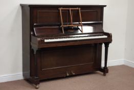 Early 20th century upright piano in mahogany case, iron framed and overstrung, W154cm, H132cm,