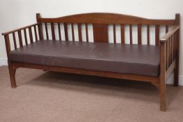 20th century mahogany hall bench in a Arts & Crafts manor with upholstered loose cushion, W196cm,