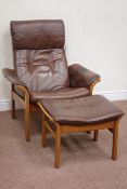 Vintage retro bent laminated wood framed reclining easy chair and matching stool,