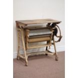 19th century cast iron mangle with rectangular pine top, W76cm, H77cm,