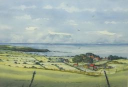 'Filey Brigg from above Reighton', watercolour signed and dated Derek Grunwell 1990,