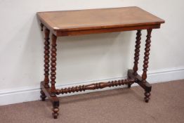 Victorian figured walnut table raised on bobbin turned stretcher base, 86cm x 44cm,