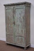 Eastern distressed painted teak hall cabinet enclosed by two panelled doors, W112cm, H186cm,