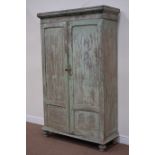 Eastern distressed painted teak hall cabinet enclosed by two panelled doors, W112cm, H186cm,