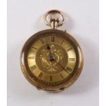 Early 20th century continental crown wound pocket watch, bright cut decoration stamped 18K 3.