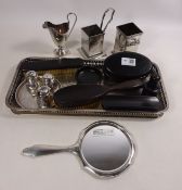Hallmarked silver dressing table mirror, silver plated tray,