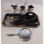 Hallmarked silver dressing table mirror, silver plated tray,