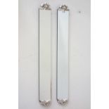 Pair narrow wall mirrors with silvered pediments and beveled glass 123cm x 16cm Condition