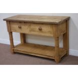 Waxed pine two drawer dresser raised on turned base, W128cm, H80cm,