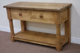 Waxed pine two drawer dresser raised on turned base, W128cm, H80cm,