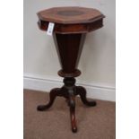 Victorian walnut octagonal work table, hinged lid enclosing storage well,