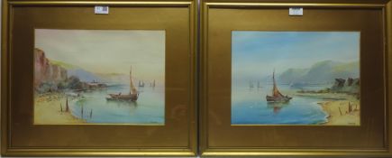 Fishing Boats off shore, pair guaches signed J Chester 26.5cm x 36.