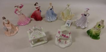 Seven small Coalport figurines and two Coalport cottages (9) Condition Report