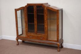 Mid 20th century walnut display cabinet, enclosed by three glazed doors, with single drawer,