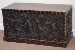 Eastern rosewood blanket box, camphor wood lined, decorated with carved foliage, brass inlays,