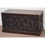 Eastern rosewood blanket box, camphor wood lined, decorated with carved foliage, brass inlays,