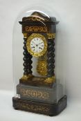 19th century French Empire period ebonised Portico clock with inlaid plinth and pedestal,